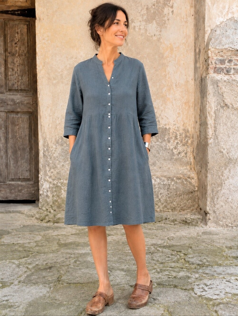 100% Pure Italian Linen Lagenlook Button Front Dress Blue Made in Italy